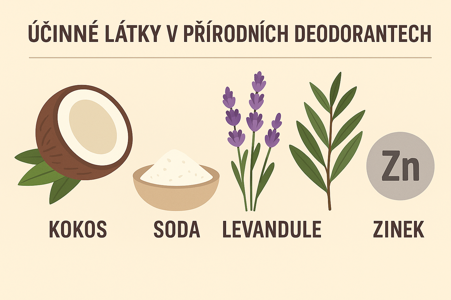 Infografika účinných přírodních složek v deodorantech – kokosový olej, jedlá soda, levandule, tea tree olej a oxid zinečnatý jako přirozená ochrana proti zápachu.