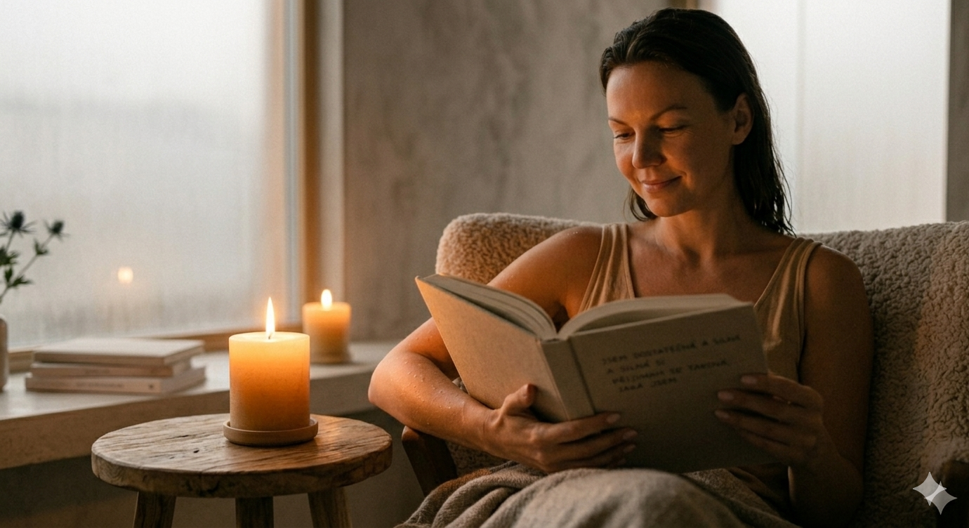 Večerní rituál péče o tělo – žena se svíčkou a knihou v klidné domácí atmosféře