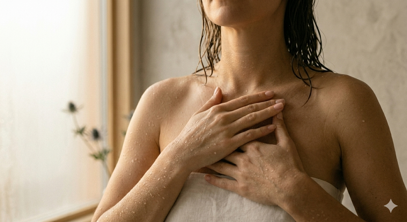 Žena se zavřenýma očima vnímá dotek těla při relaxaci a práci s afirmacemi