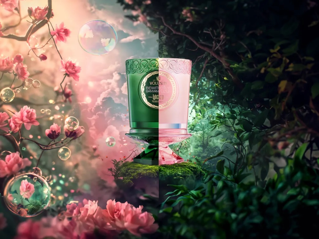 Kontrast dvoch vôní Voluspa Wicked – Perfectly Pink Yuzu a Bewitching Banyan Forest, spojenie svetla a temnoty.