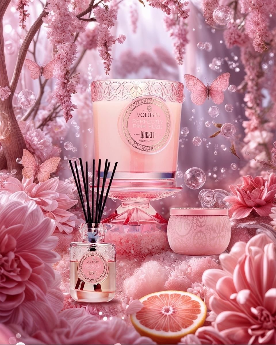 Sviečka Voluspa Perfectly Pink Yuzu – svieža, ženská vôňa s tónmi ružového yuzu, kvetov a vanilky v ružovom skle.