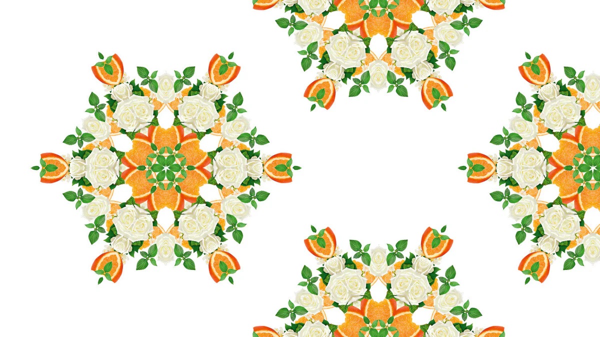 Vizualizace vůně Lady Flower – citrusové plátky, bílé růže a zelené listy v květinové mandale