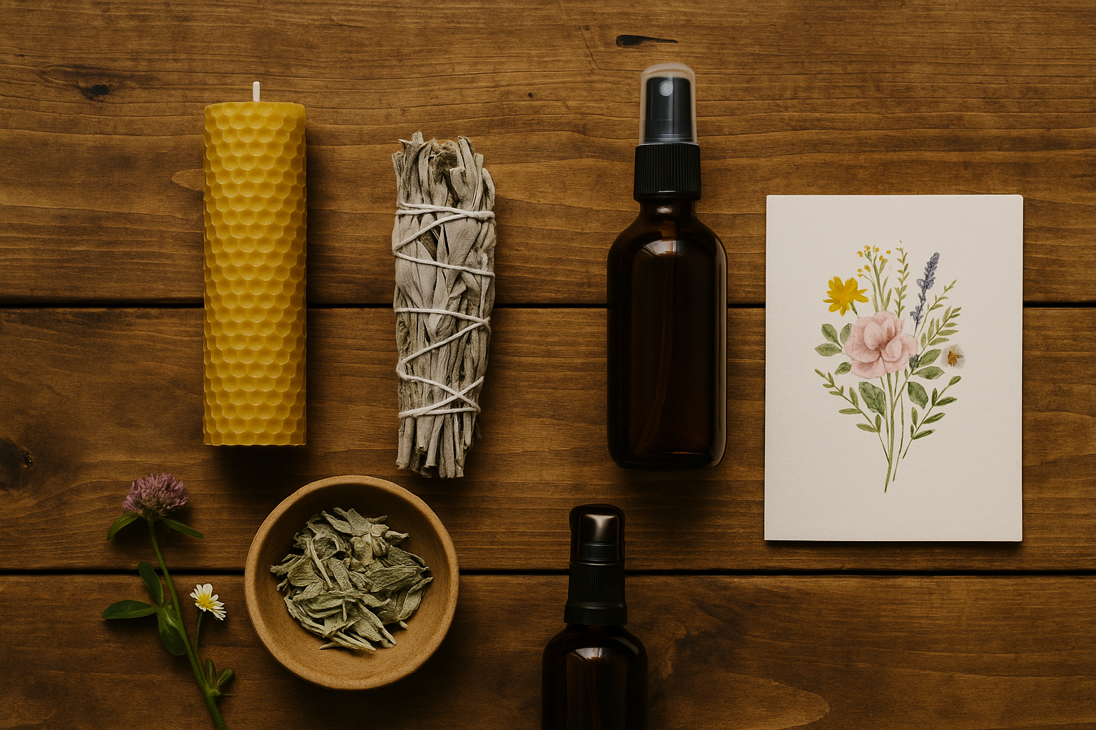 Přírodní produkty pro rituály očisty a obnovy – včelí svíčka, šalvějový svazek, květový hydrolát a přáníčko s botanickým motivem na dřevěném podkladu.