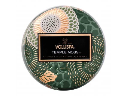 Víčko plechové dózy Voluspa Temple Moss se zlatým zdobením.