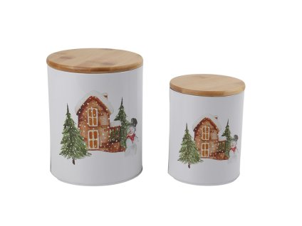 Sada dvou vánočních plechových dóz se dřevěným víkem a zimním motivem