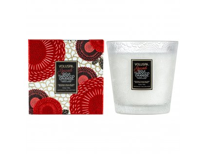 Voluspa – Vonná svíčka ve skle Spiced Goji Tarocco Orange, Velká vedle krabičky
