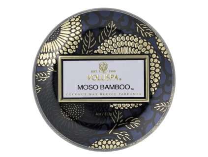 Víčko plechové dózy Voluspa Moso Bamboo se zlatým zdobením.