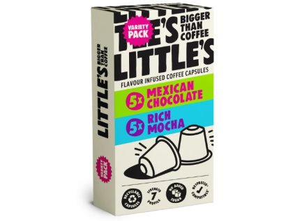 Krabička Little’s kávových kapslí Mexican Chocolate a Rich Mocha kompatibilních s Nespresso.
