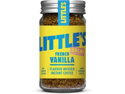 Skleněná lahev bezkofeinové instantní kávy Little’s French Vanilla se žlutou etiketou.