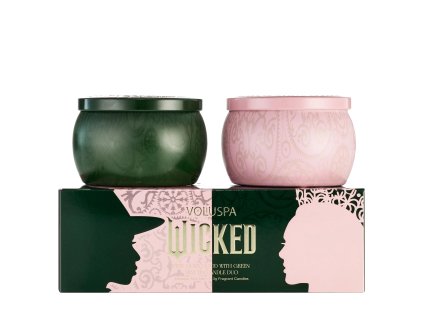 Dárková sada dvou mini svíček Voluspa Pink Goes Good With Green, Wicked – detail balení