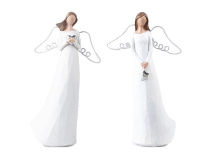 Bílo-stříbrný andílek s kovovými křídly, dekorace 20 cm, mix motivů