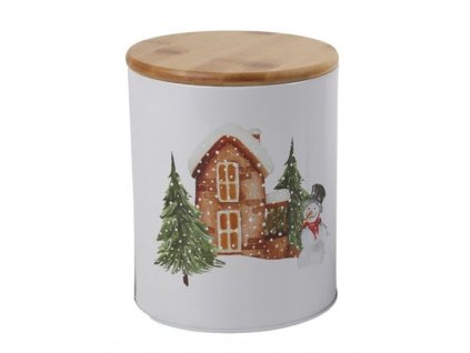 Vánoční plechová dóza se dřevěným víkem a motivem chaloupky