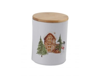 Malá vánoční plechová dóza se dřevěným víkem a zimním motivem