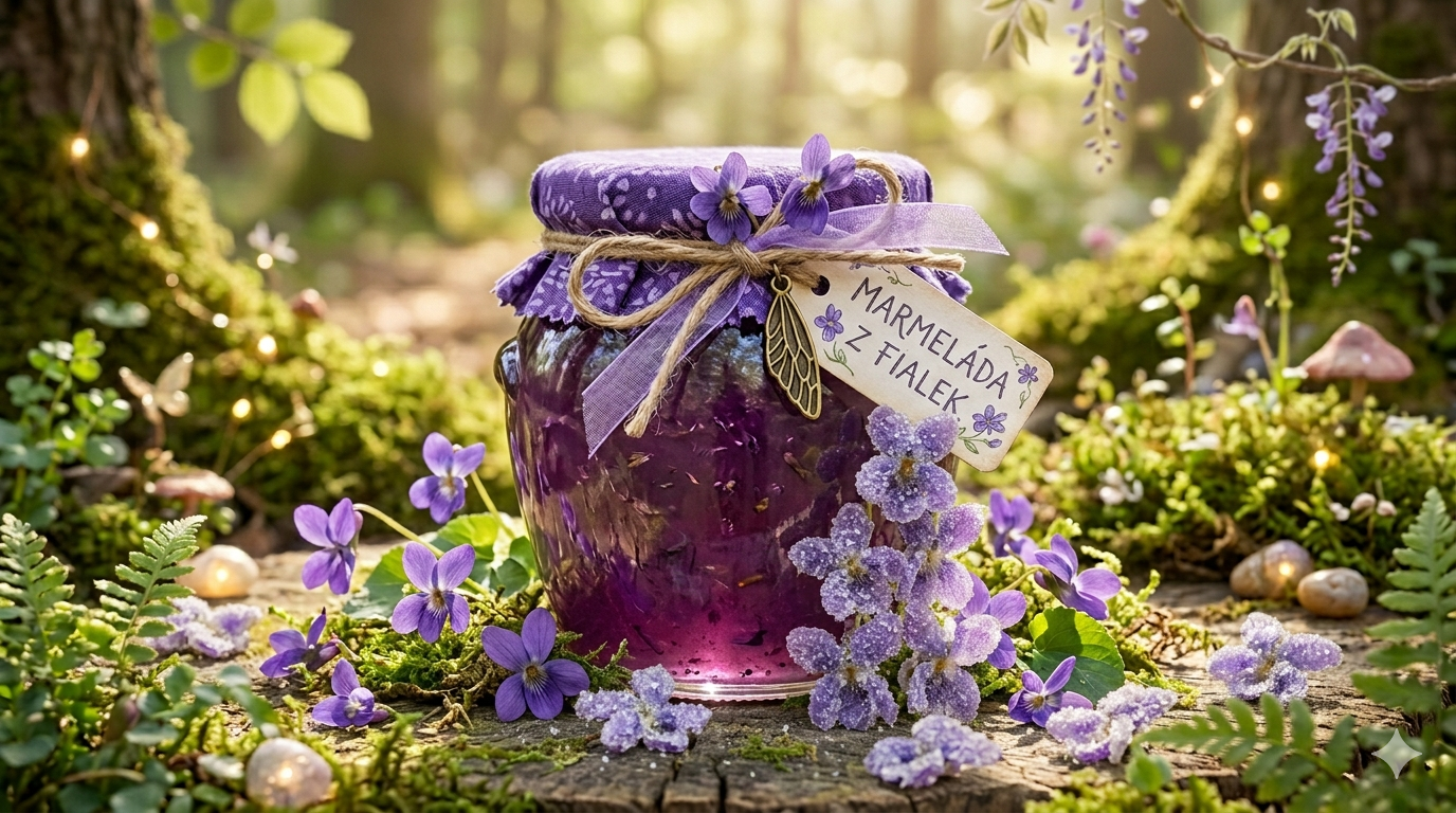 Fialkový džem v pohári obklopený jarnými fialkami v prírode – jemný recept z jedlých kvetov
