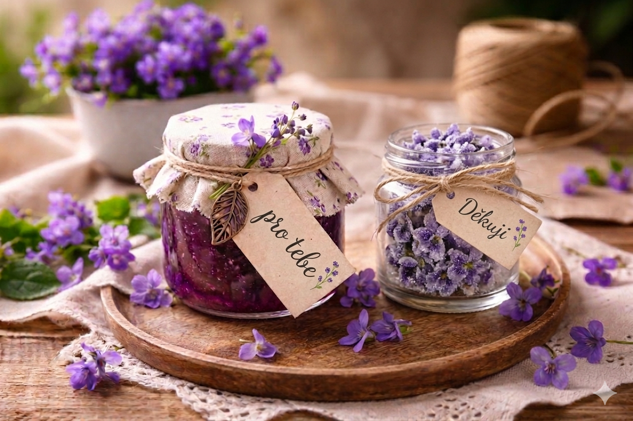 Fialkový džem a kandizované fialky ako jedlý darček v pohároch – ručne pripravený jarný dar s kvetinami