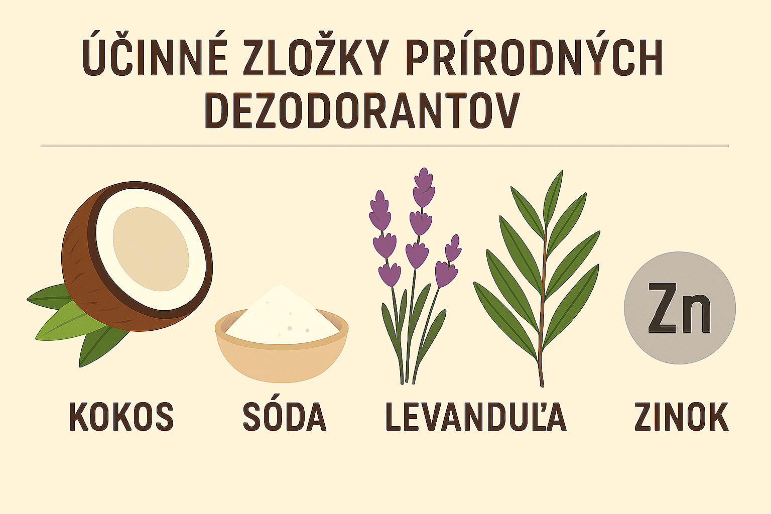 Infografika s účinnými zložkami prírodných deodorantov – kokos, sóda, levanduľa, zinok