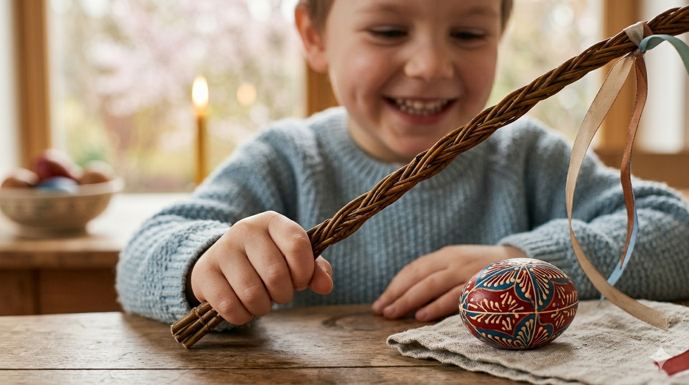 Chlapec s pomlázkou a kraslicou – tradičný symbol Veľkej noci a jarných rituálov