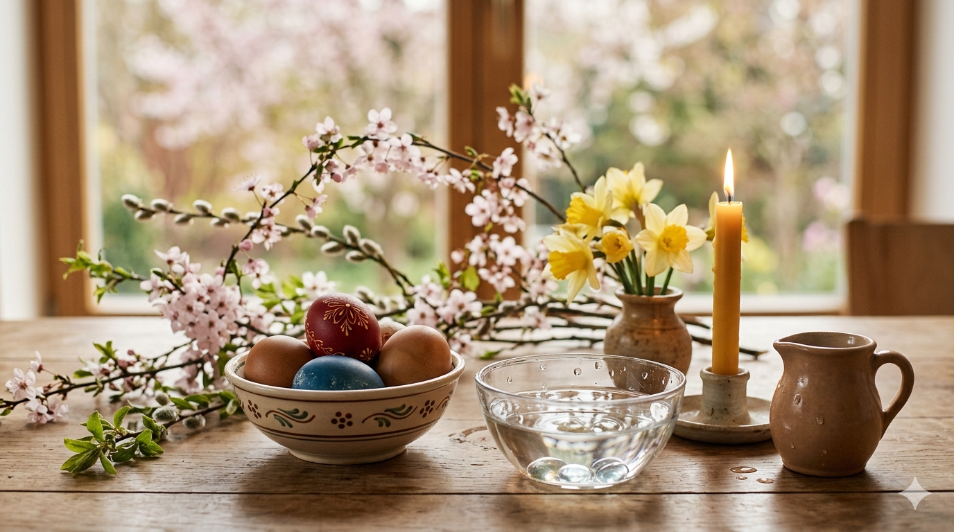 Veľkonočné symboly – vajíčka, sviečka a voda ako očista a nový začiatok