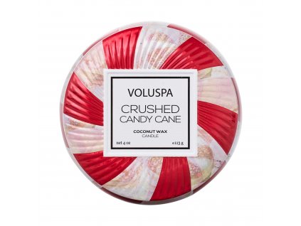 Viečko plechovej dózy Voluspa Crushed Candy Cane s červeno bielym perleťovým zdobením.