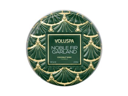 Viečko plechovej dózy Voluspa Noble Fir Garland so zlatým zdobením.