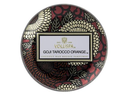 Viečko plechovej dózy Voluspa Goji Tarocco Orange so zlatým zdobením.