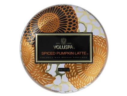 Viečko plechovej dózy Voluspa Spiced Pumpkin Latte so zlatým zdobením.