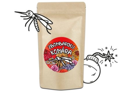 Semienková bomba Zbombarduj Komára v papierovom sáčku s ilustráciou