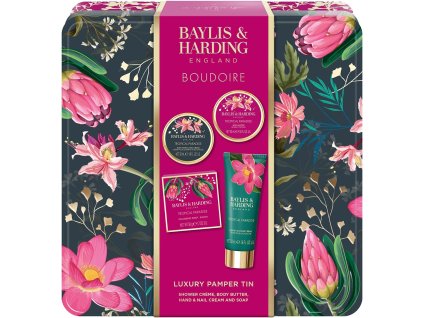 Kozmetická kazeta Baylis & Harding Tropical Paradise - plechová darčeková sada so 4 produktmi.