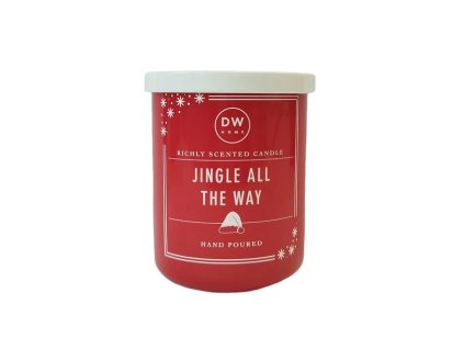 DW Home - Vonná sviečka v skle Jingle All The Way, Mini - červená vianočná sviečka s bielym viečkom a motívom snehových vločiek.
