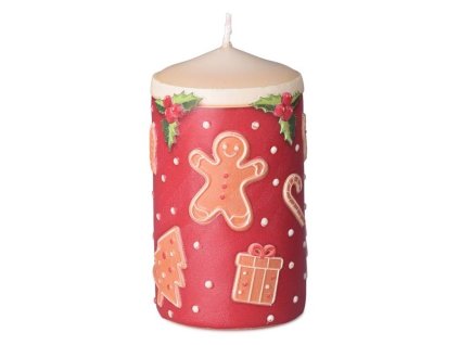 Vianočná sviečka Perníček s červeným povrchom a plastickým motívom perníčkov