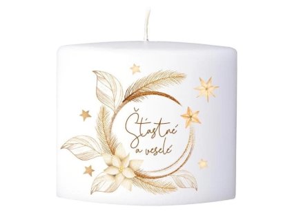 Vianočná sviečka Šťastné a veselé v bielej farbe so zlatým dekorom
