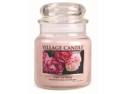 Village Candle Fresh Cut Peony, stredná ružová sviečka v sklenenej dóze