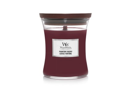 WoodWick stredná sklenená sviečka Phantom Cherry v tmavo červenom vosku