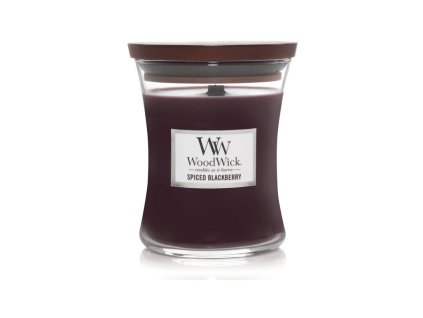 Stredná vonná sviečka WoodWick Spiced Blackberry s dreveným knôtom