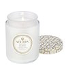 Luxusná vonná sviečka Voluspa Suede Blanc v skle s elegantným zlatým viečkom, 510g.