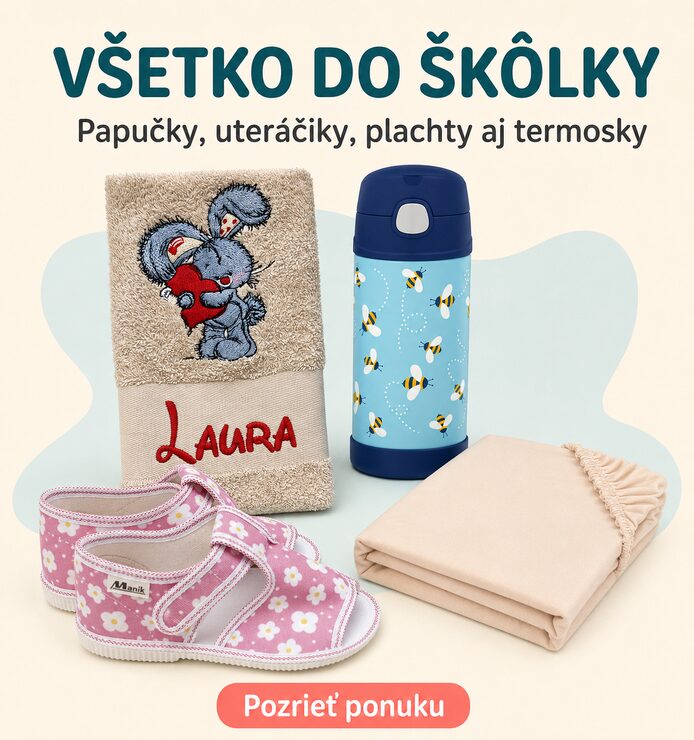 výbava do škôlky, potreby do škôlky, papučky do škôlky, uteráčik s menom, nepremokavá plachta do škôlky, detská termoska, termoska Thermos, slovenské papučky Maník