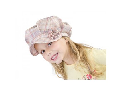 Čiapka, károvaná s kvietkom, ružová