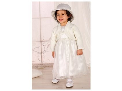 Krémové slávnostné šaty so svetríkom  a klobúkom