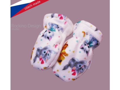 Detské rukavičky (0 10 mesiacov) ROCKINO z polaru vzor 1925 veľ.0 biele s potlačou