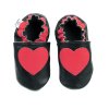 kožené capačky pre deti na prvé chodenie na boso čierne so srdcom