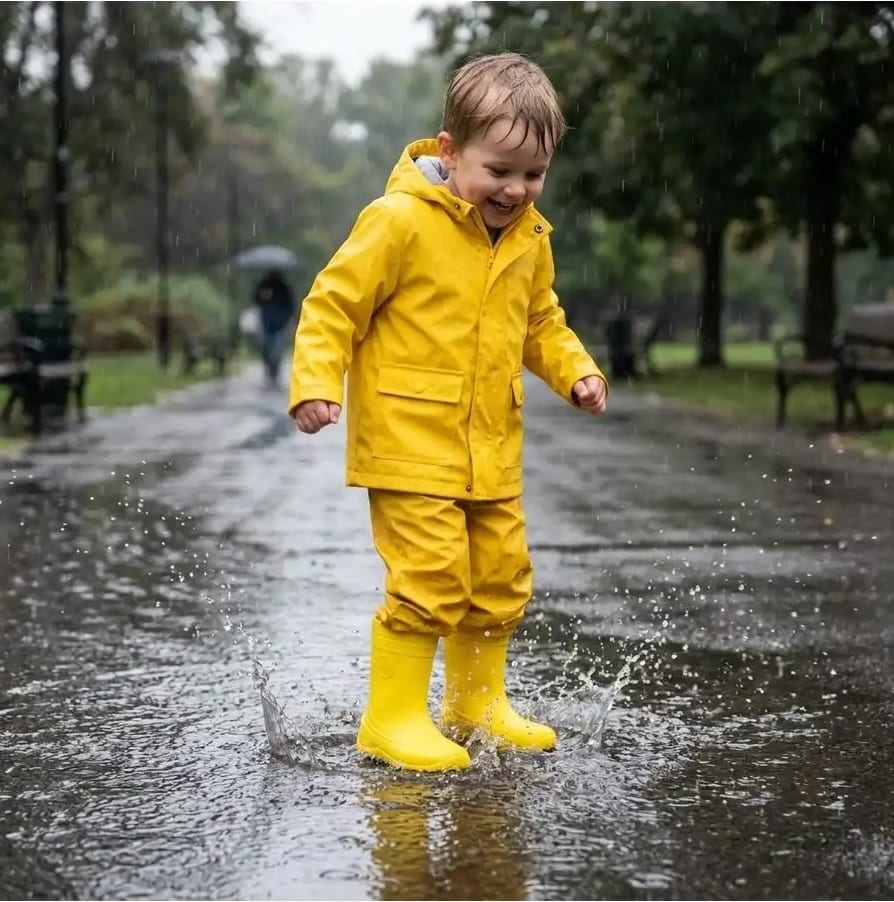 Child enjoying a rainy day in waterproof footwear