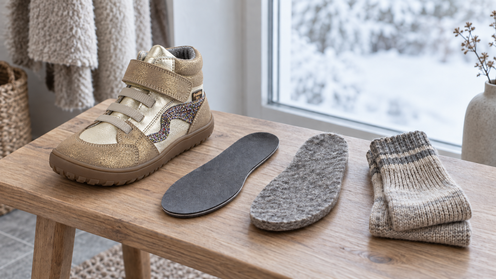 Gold Froddo winter barefoot shoe with replacement insoles and wool socks
