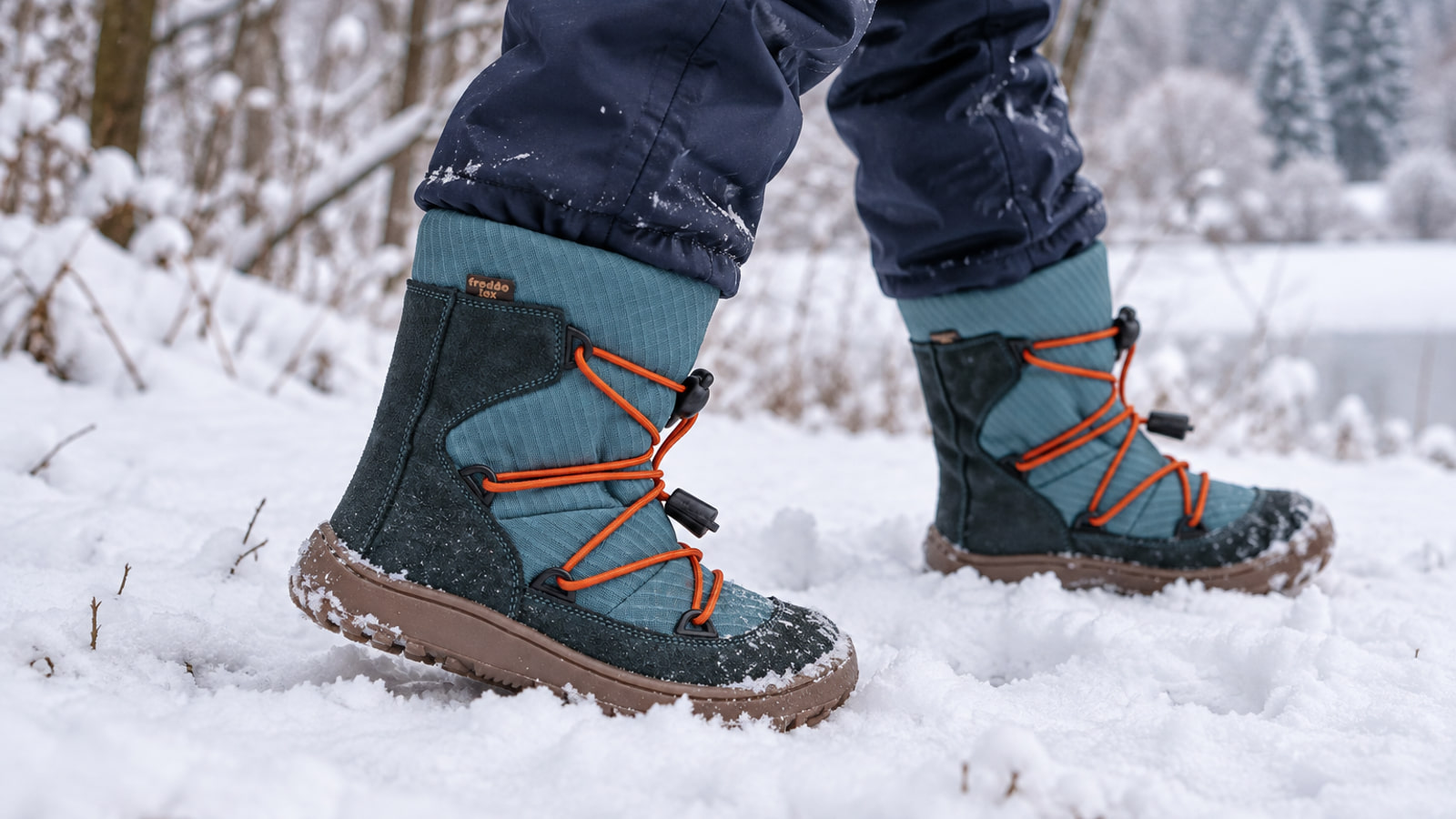 Child wearing petrol Froddo wool winter barefoot boots in the snow