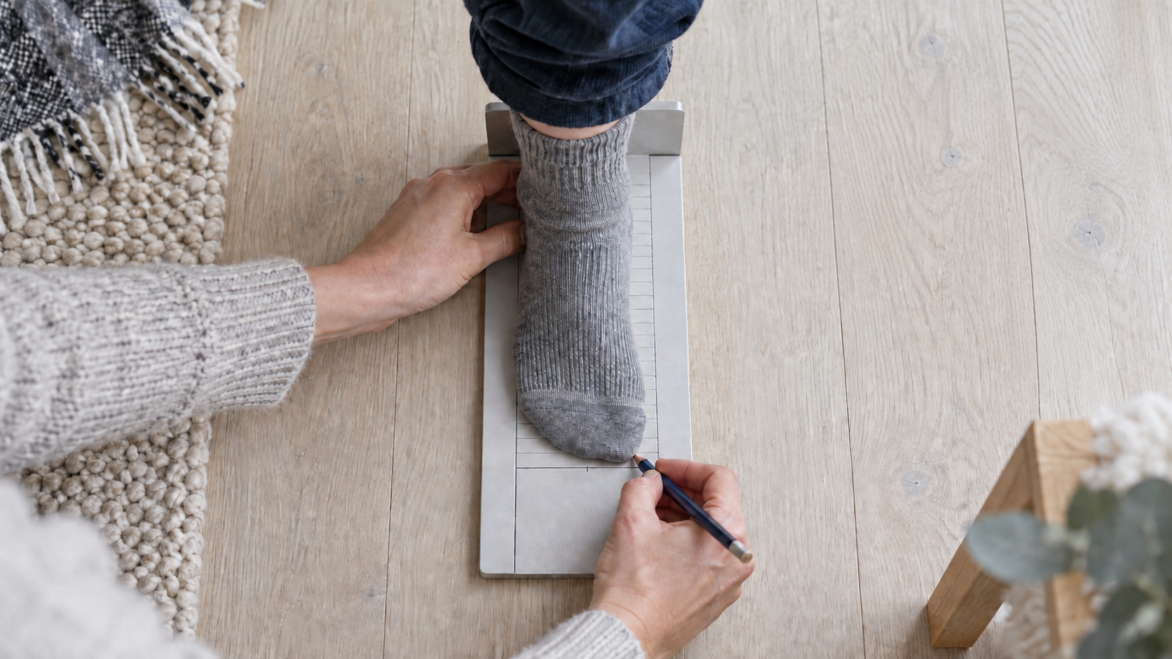 Measuring a child's foot while wearing the intended winter sock