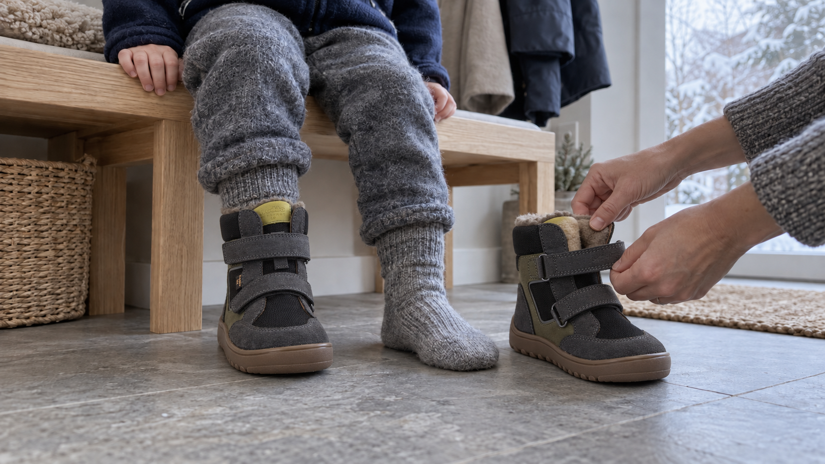 Parent helping a child put on Froddo winter barefoot boots
