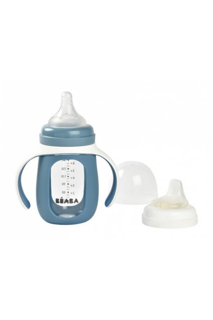 bebee.sk Beaba Dojčenská fľaša sklenená 2v1 210ml so silikónovou ochranou Blue 913519BB