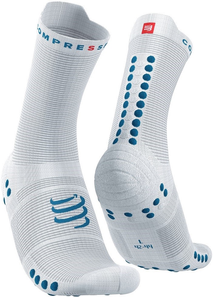 Běžecké kompresní ponožky Compressport Pro Racing Socks v4.0 Run High - WHITE/FJORD BLUE EU 42-44