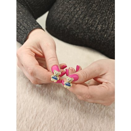 Zlaté náušnice medvídci s modrými kamínky (Ryzost 14kt (585/1000), Váha 3,75 g)