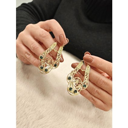 Zlaté náušnice španělky se zeleným zdobením 6.5x3cm (Ryzost 14kt (585/1000), Váha 11,20 g)