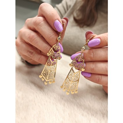 Zlaté zdobené náušnice s kamínky 9x2.2cm (Ryzost 14kt (585/1000), Váha 8,50 g)